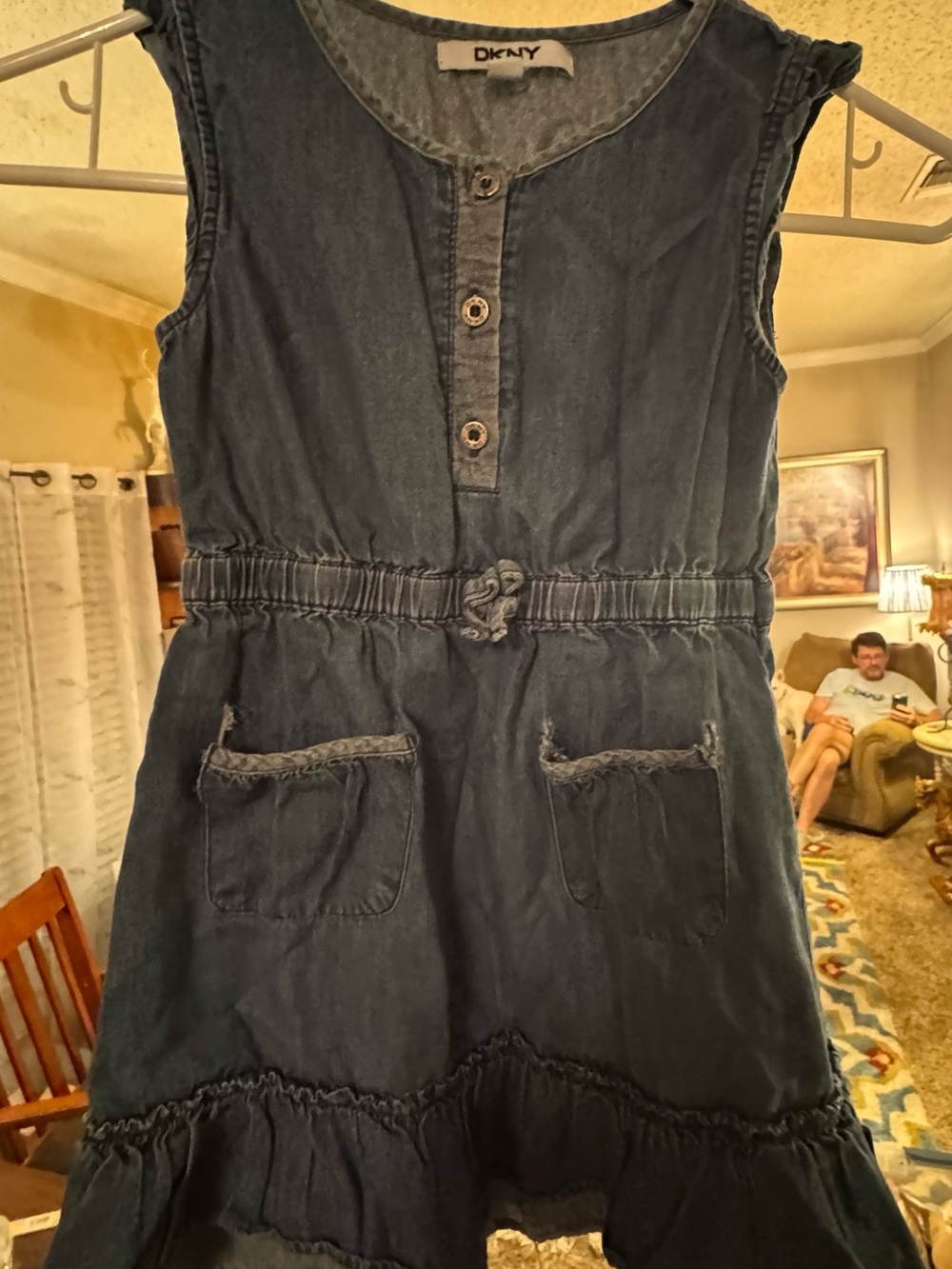DKNY Girls' Denim-Blue Sleeveless Dress Small
